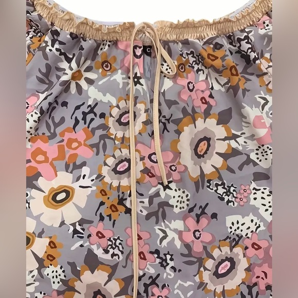 BOHO CHIC OFF SHOULDERS FLORAL PRINT ADJ DRAWSTRING LANTERN SLEEVE BLOUSE - Picture 4 of 5